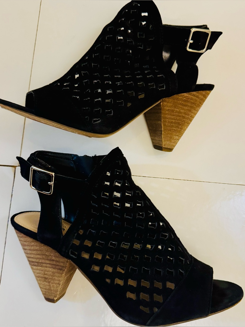 Vince Camutto peep toe black suede perforated ankle strap bootie/Sandal. Size 8.